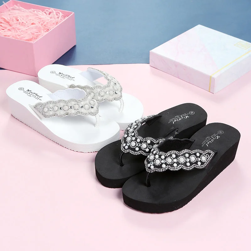Air Cushion Running Shoes Wholesale Breathable Pearl Outdoor Wedge Heel Flip Flops
