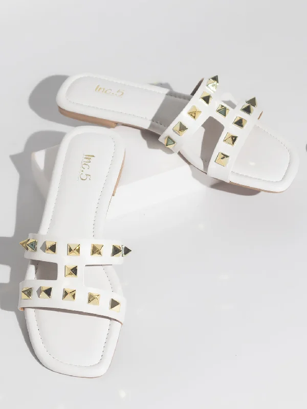 Ultra-Flexible Everyday Shoes Women White And Gold-Toned Studded Open Toe Flats