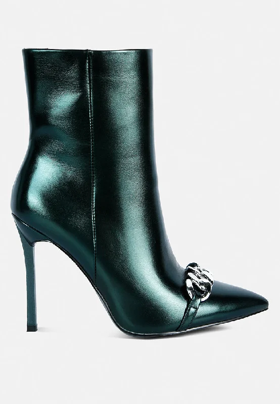 Travel-Ready Walking Shoes Firefly Metallic Chain Embellished Stiletto Ankle Boots